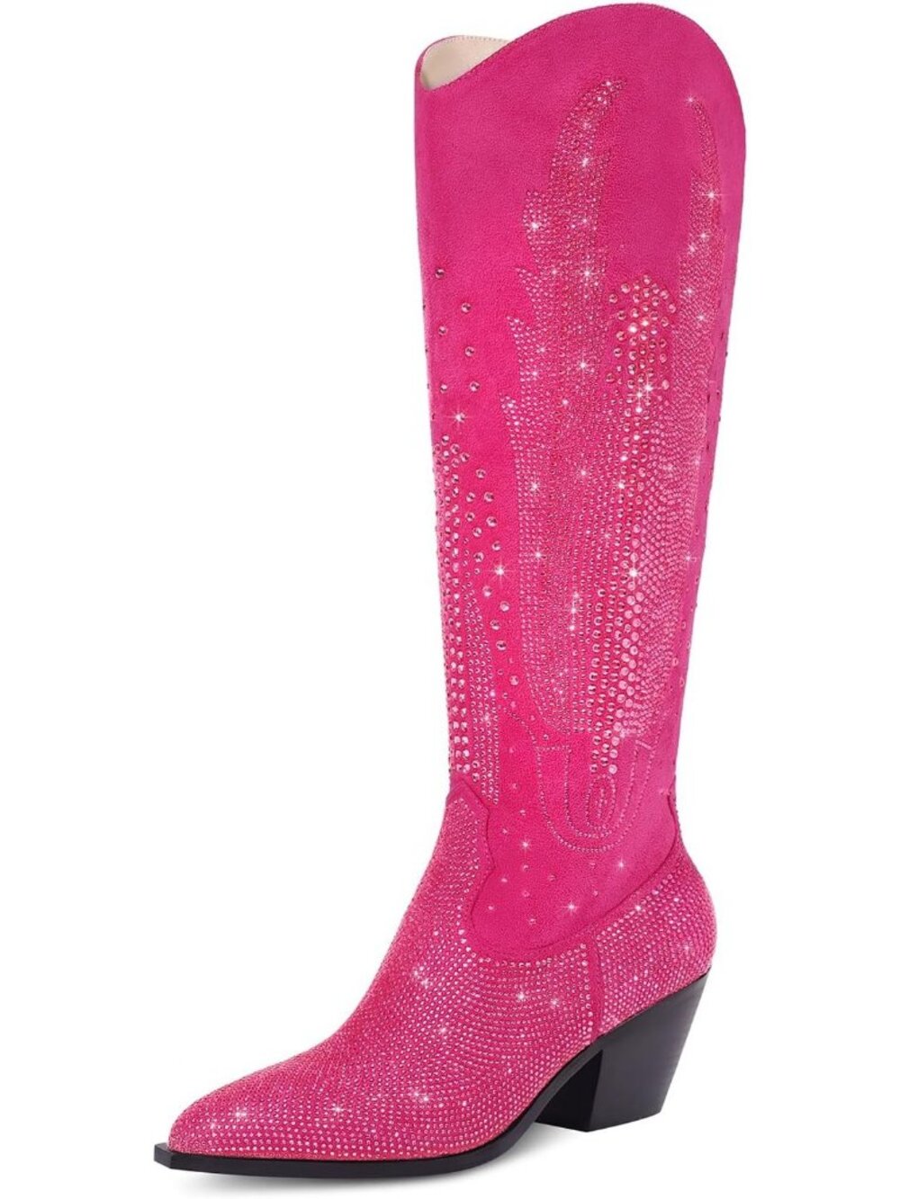 Women's Pink Rhinestone Bling Pointed Toe Chunky Heel Knee High Cowgirl Boots